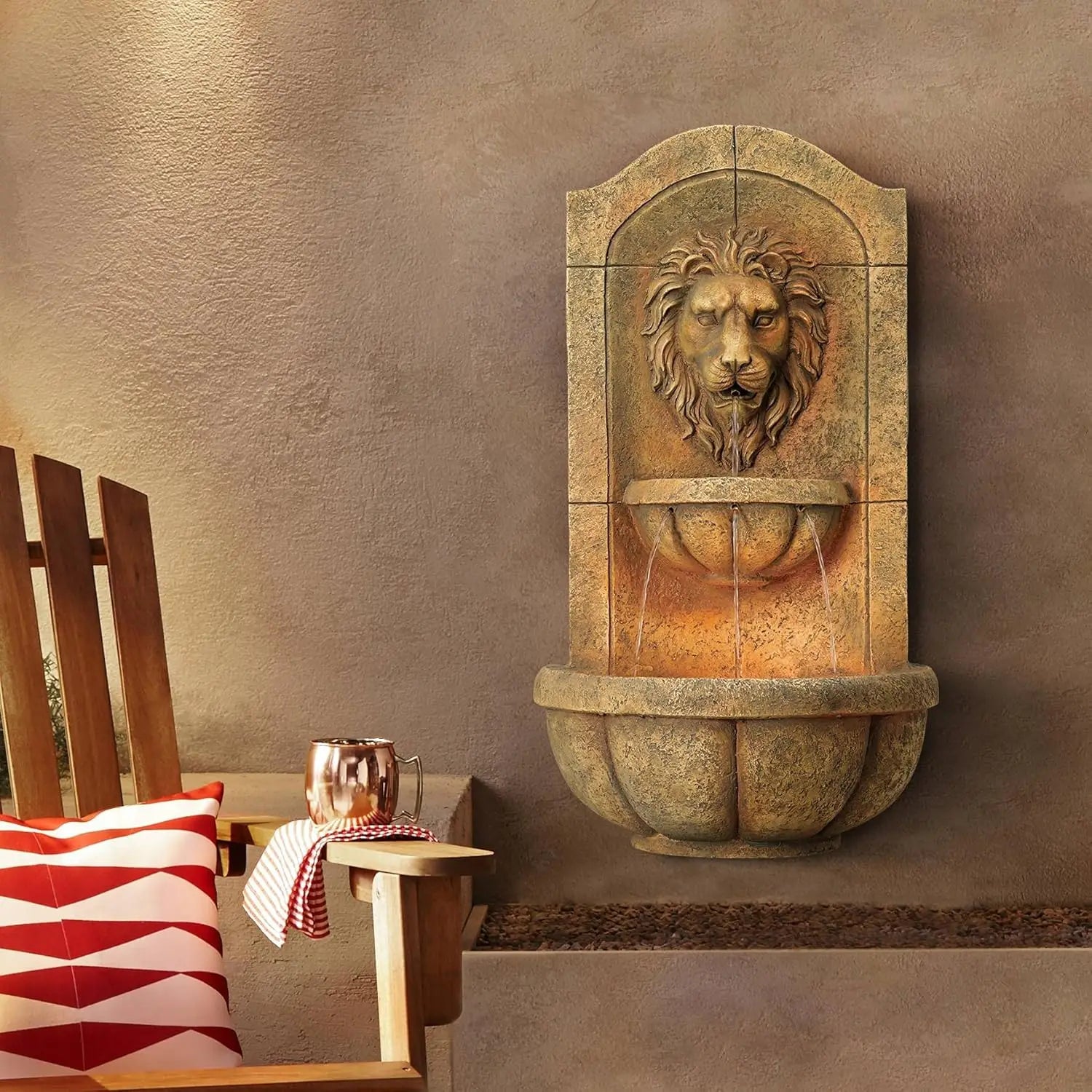 Royal Lion Head Faux Stone Wall Fountain with Light
