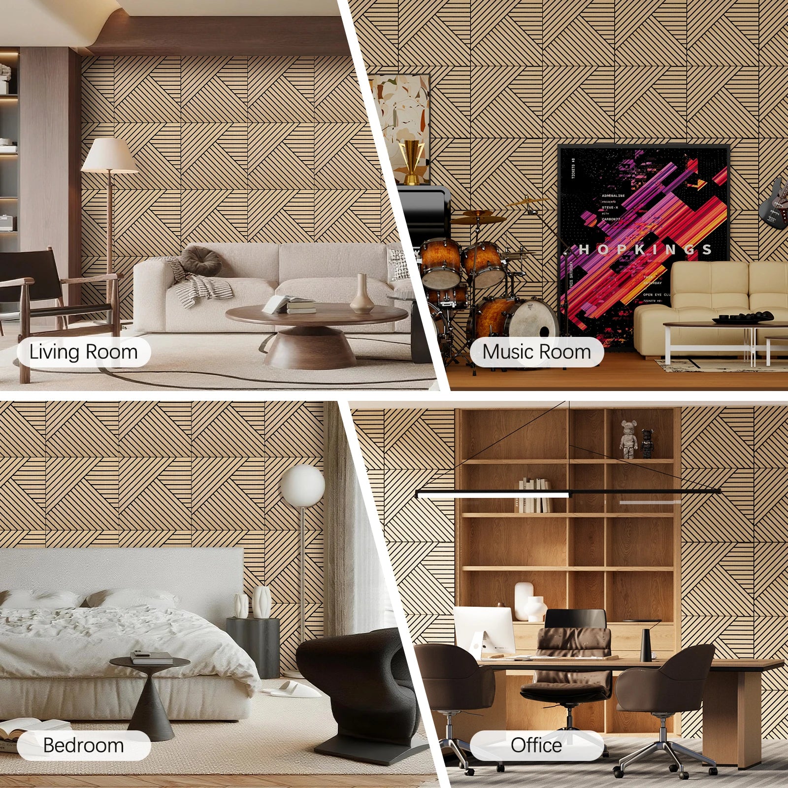 4 Packs Acoustic 3D Wood Slat Wall Panels Self-Adhesive Sound Absorbing for Noise Reduction Home & Garden Decor