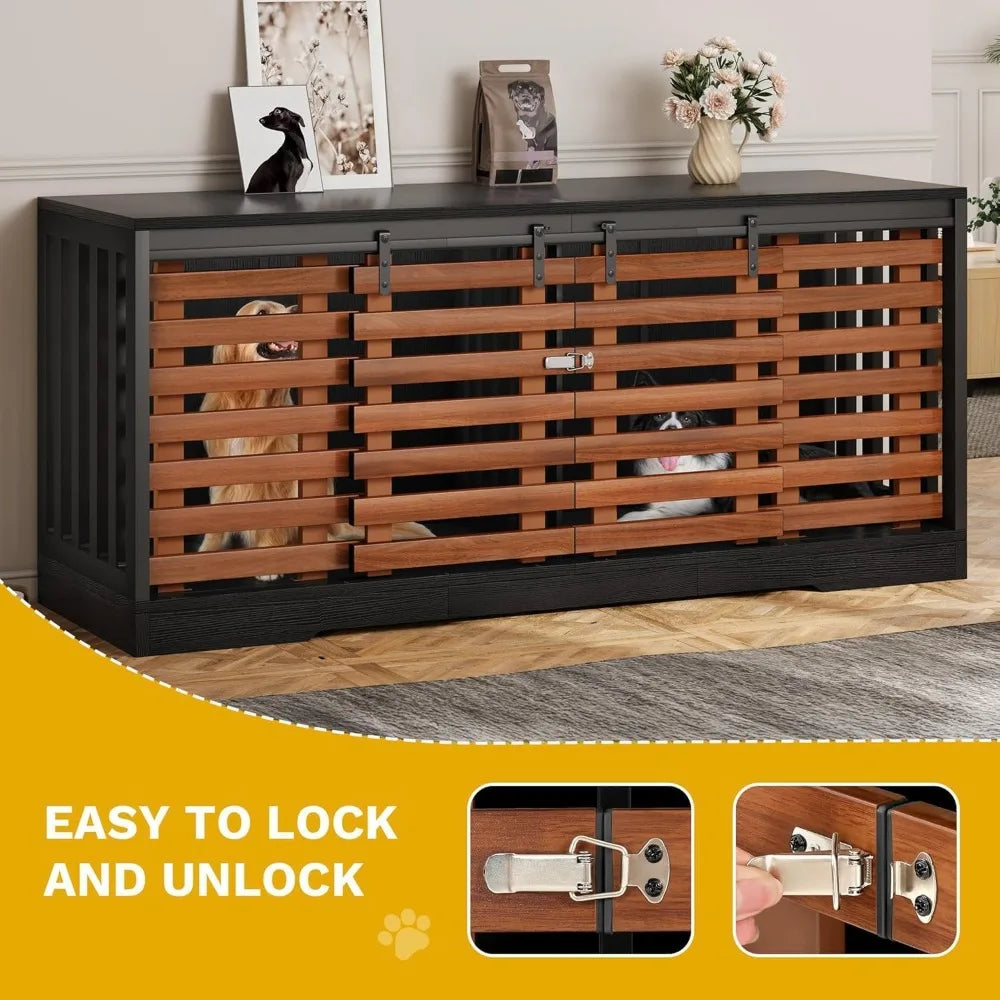 71" Double Dog Crate Furniture with Sliding Door, Heavy Duty Dual Kennel TV Stand for Large Dogs, Black & Walnut