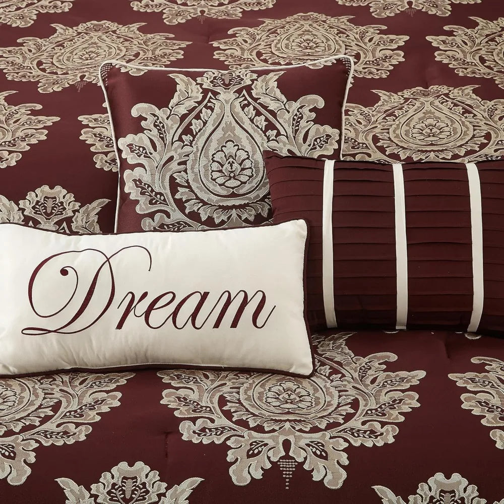 7-Piece Burgundy Jacquard Damask Comforter Set