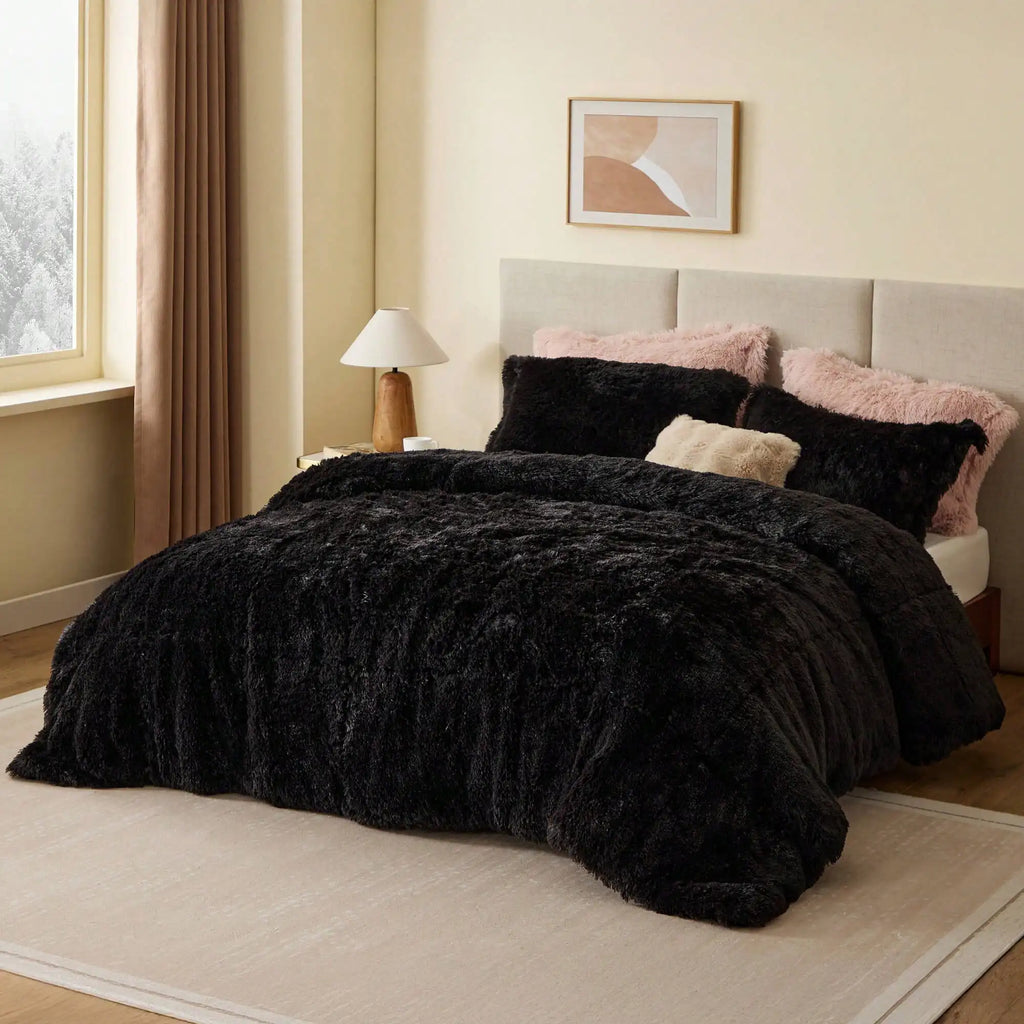 Shaggy Faux Fur Comforter Set With Matching Sham Ultra Soft Plush Reversible All Season Bedding