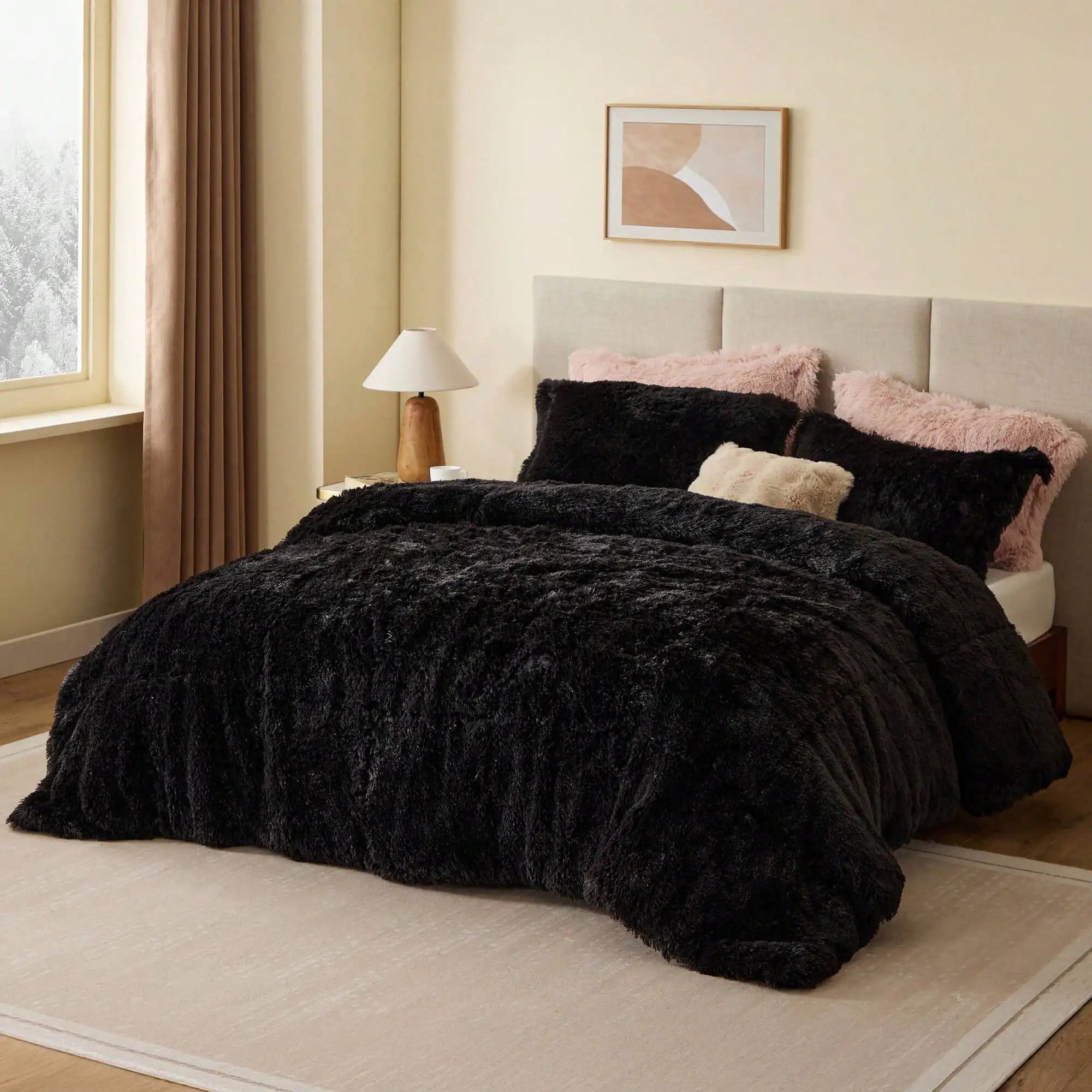 Shaggy Faux Fur Comforter Set With Matching Sham Ultra Soft Plush Reversible All Season Bedding