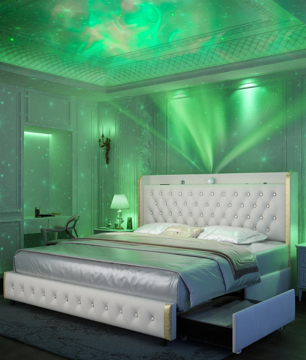 GEGOFORU Queen LED Bed Frame with Galaxy Projector, Bluetooth Speaker, USB Ports, 4 Drawers