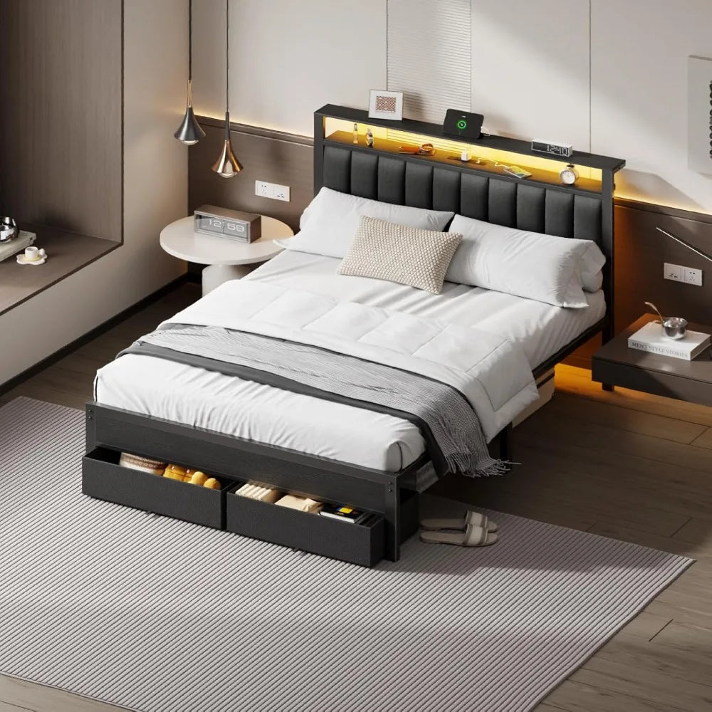 Bed Frame with Charging Station and LED Lights