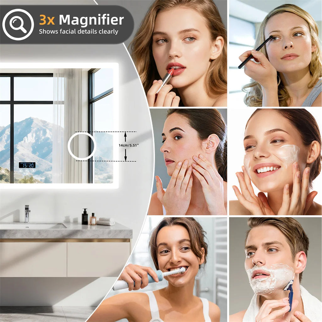 LUVODI Bluetooth Bathroom Mirror Wall Mounted LED Light Vanity Mirror 3X Magnify Dimmable Defog Bath Mirror
