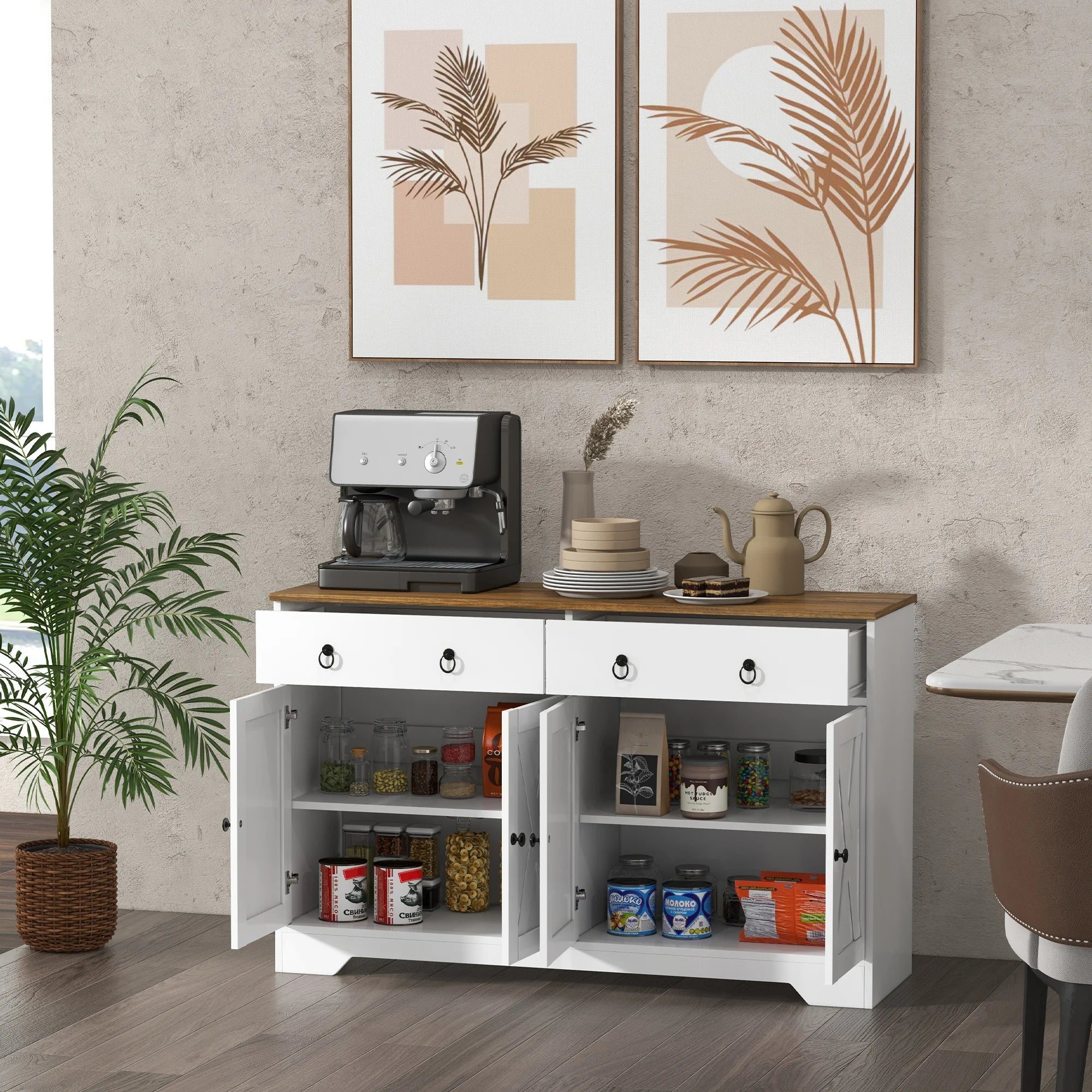Homcom Kitchen Sideboard, Buffet Cabinet W/ Barn Doors, Adjustable Shelf