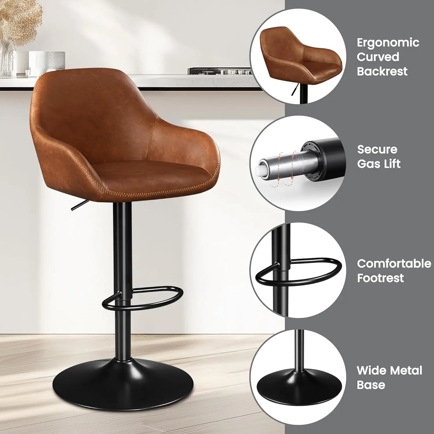 Bar Stools Set of 2, PU Leather Swivel Counter Height Barstools, Adjustable Bar Chairs with Backrest and Footrest,, Customized
