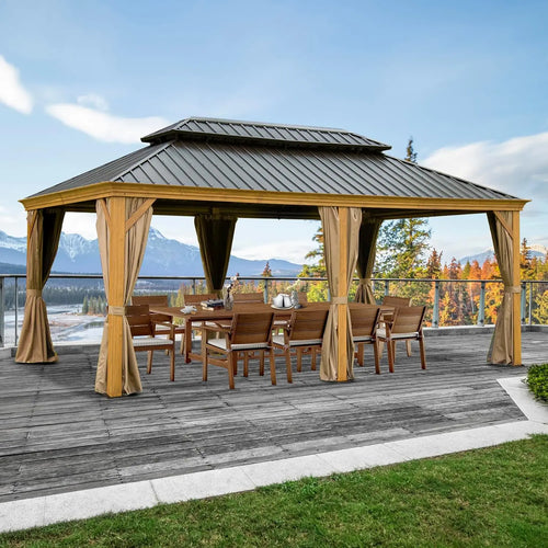 14’x20’ Hardtop Gazebo, Wooden Coated Aluminum Frame Canopy with Galvanized Steel Double Roof