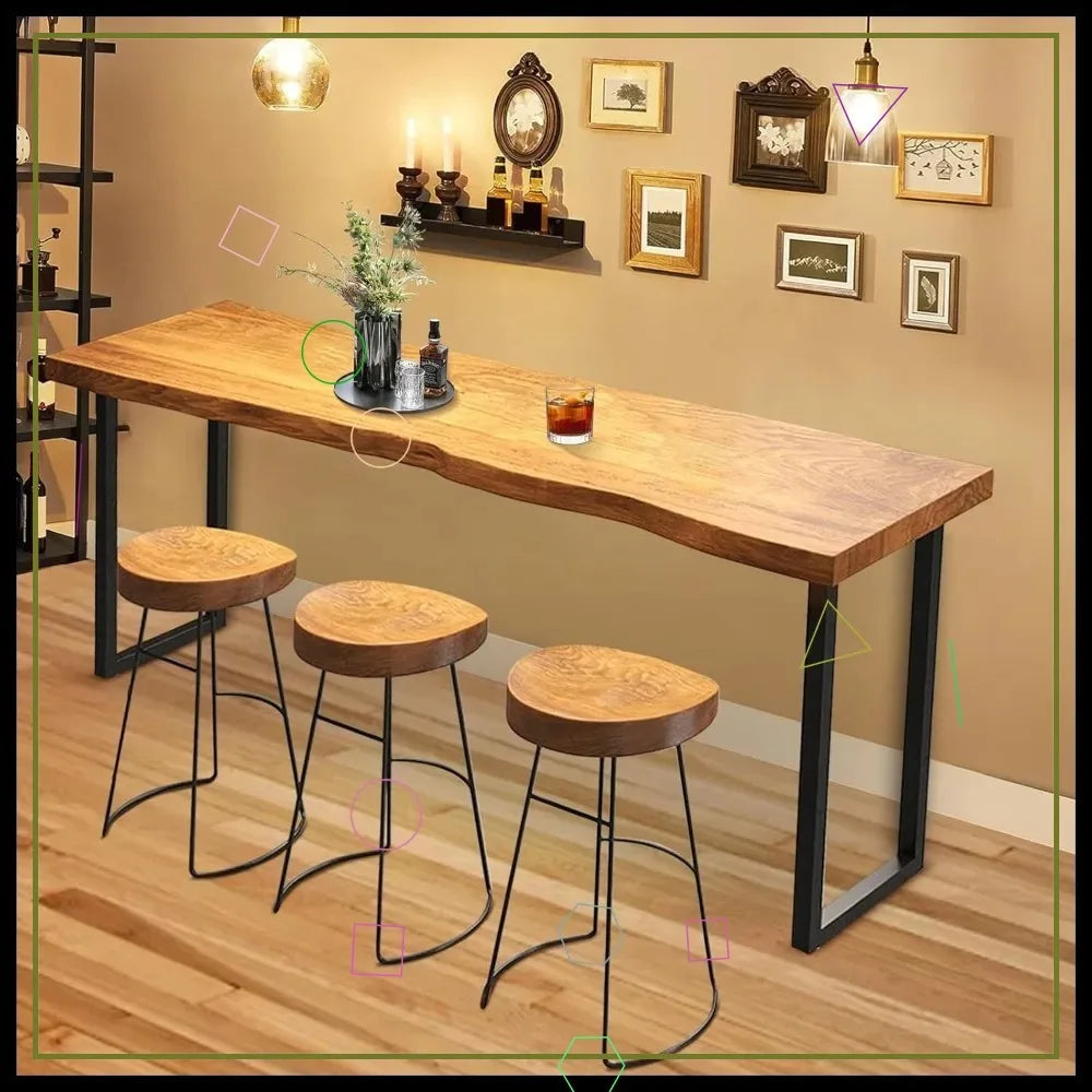 55 Inch Live Edge Solid Wood Bar Table with Metal Legs