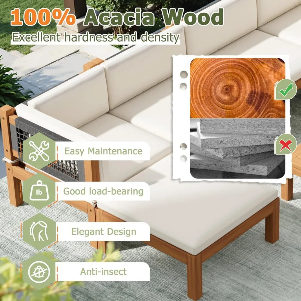 7 Piece Acacia Wood Patio Sofa, Outdoor Sectional Coach and Love Seat with Coffee Table