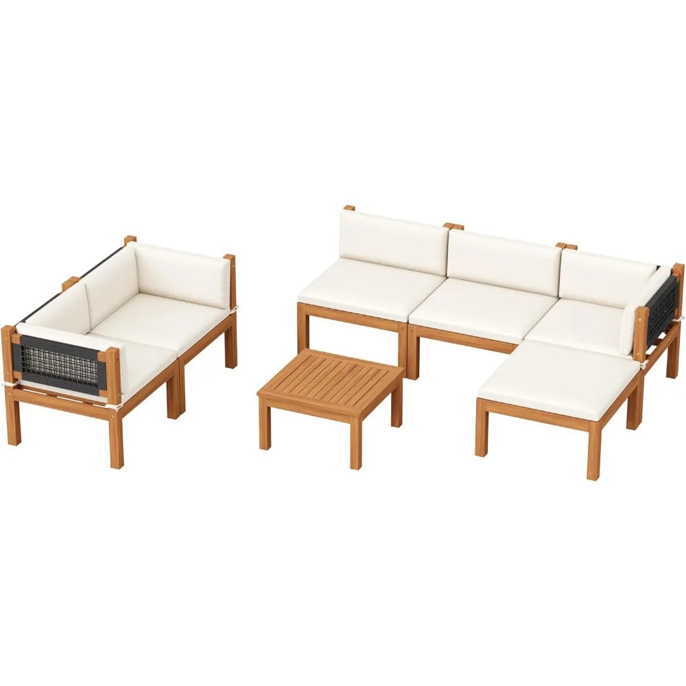 7 Piece Acacia Wood Patio Sofa, Outdoor Sectional Coach and Love Seat with Coffee Table